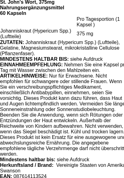Produktetikett — St. John's Wort, 375mg - 60 caps (PB 84526)