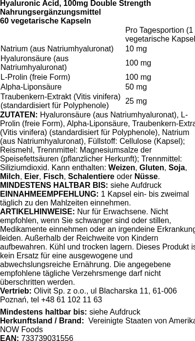 Produktetikett — Hyaluronic Acid, 100mg Double Strength - 60 vcaps (PB 5051)