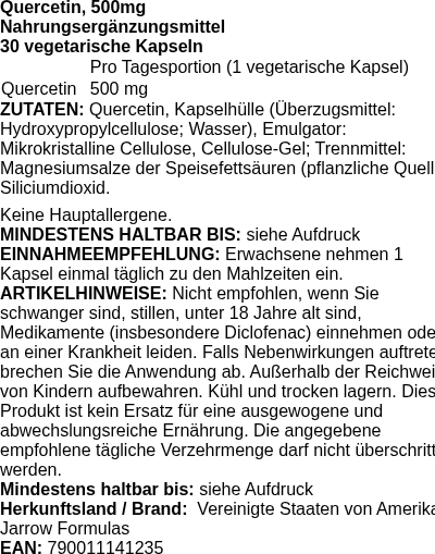 Produktetikett — Quercetin, 500mg - 30 vcaps (PB 117368)