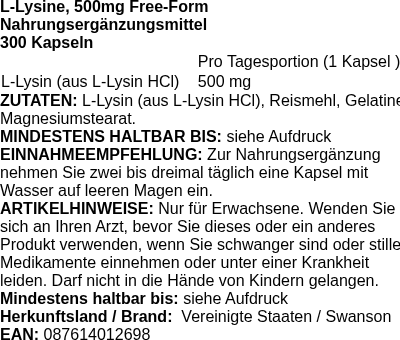Produktetikett — Lysine, 500mg Free-Form - 300 caps (PB 89319)