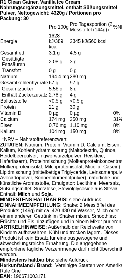 Produktetikett — R1 Clean Gainer, Vanilla Ice Cream - 4320g (PB 115485)