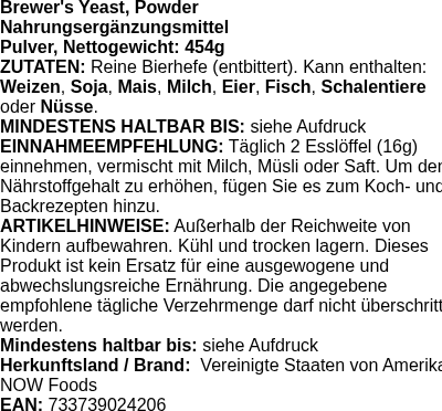 Produktetikett — Brewer's Yeast, Powder - 454g (PB 8294)