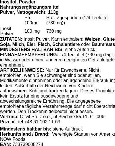 Produktetikett — Inositol, Powder - 113g (PB 71754)