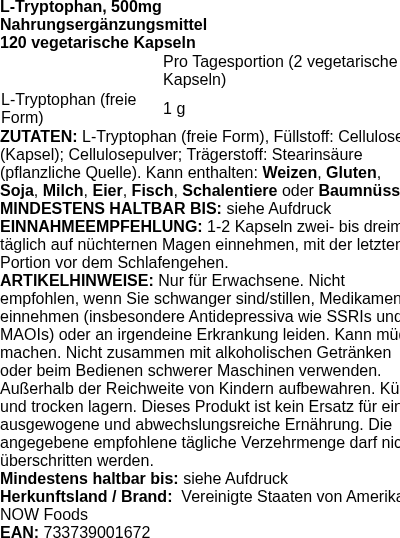 Produktetikett — L-Tryptophan, 500mg - 120 vcaps (PB 65062)