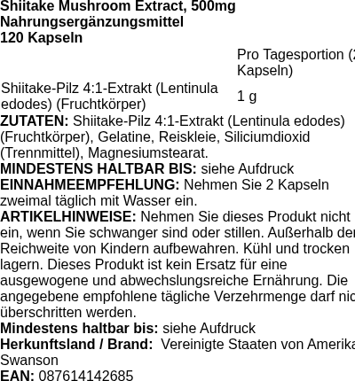 Produktetikett — Shiitake Mushroom Extract, 500mg - 120 caps (PB 103206)