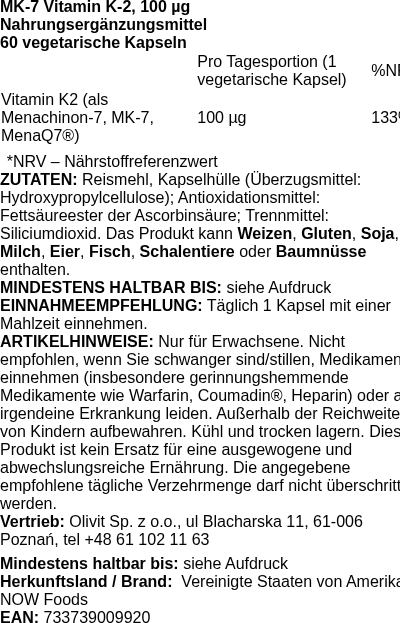 Produktetikett — MK-7 Vitamin K-2, 100mcg - 60 vcaps (PB 10487)