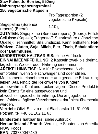 Produktetikett — Saw Palmetto Berries, 550mg - 250 vcaps (PB 73404)