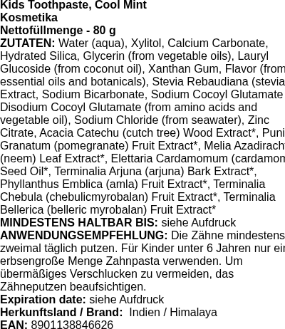 Produktetikett — Kids Toothpaste, Cool Mint - 80g (PB 103990)
