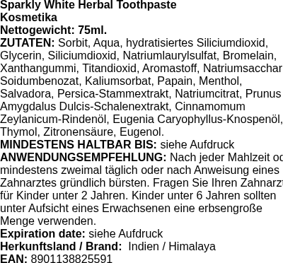 Produktetikett — Sparkly White Herbal Toothpaste - 75 ml. (PB 102035)