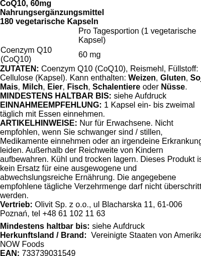 Produktetikett — CoQ10, 60mg - 180 vcaps (PB 71518)
