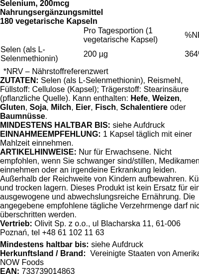 Produktetikett — Selenium, 200mcg - 180 vcaps (PB 72671)