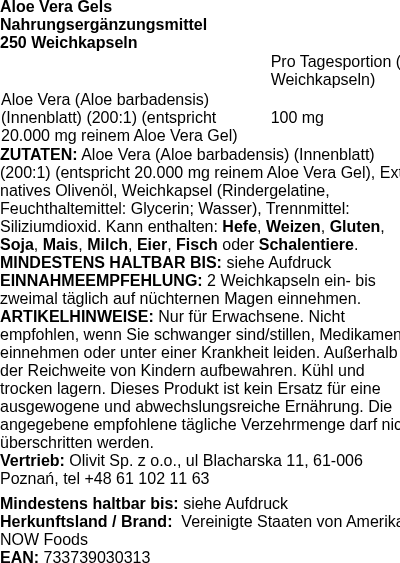 Produktetikett — Aloe Vera Gels - 250 softgels (PB 94608)