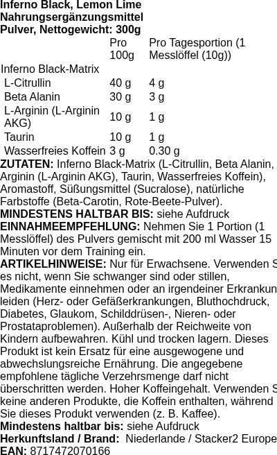 Produktetikett — Inferno Black, Lemon Lime - 300g (PB 95548)