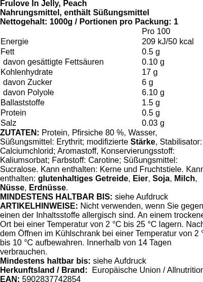 Produktetikett — Frulove In Jelly, Peach - 1000g (PB 113205)