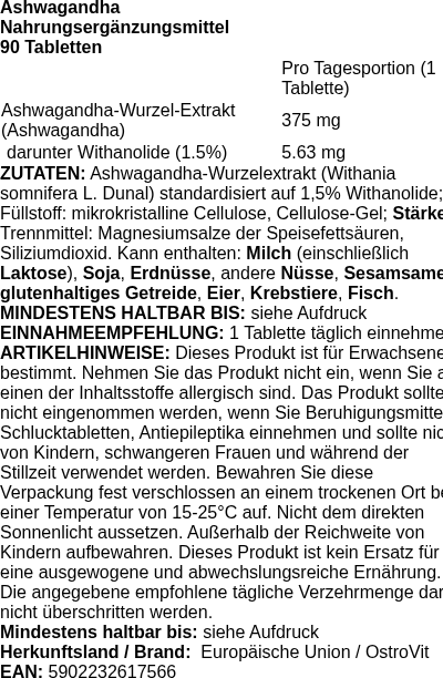 Produktetikett — Ashwagandha - 90 tablets (PB 124358)