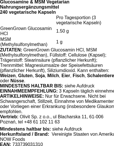 Produktetikett — Glucosamine & MSM Vegetarian - 240 vcaps (PB 72776)