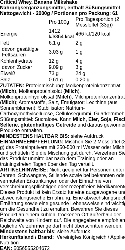 Produktetikett — Critical Whey, Banana Milkshake - 2000g (PB 125492)