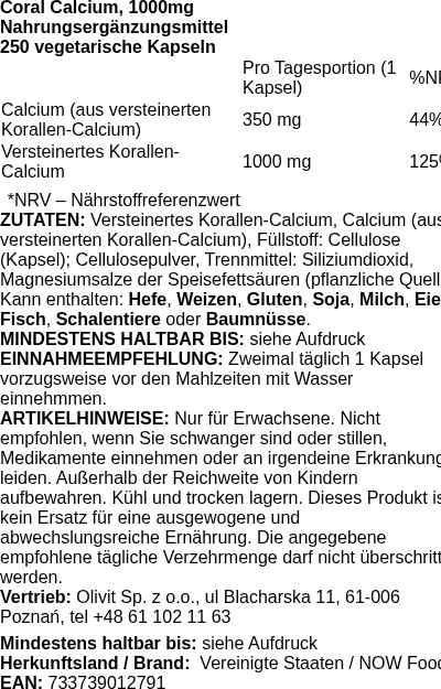Produktetikett — Coral Calcium, 1000mg - 250 vcaps (PB 78555)