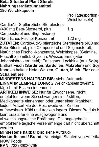 Produktetikett — Beta-Sitosterol Plant Sterols - 180 softgels (PB 83225)