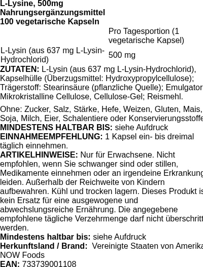 Produktetikett — L-Lysine, 500mg - 100 vcaps (PB 76693)