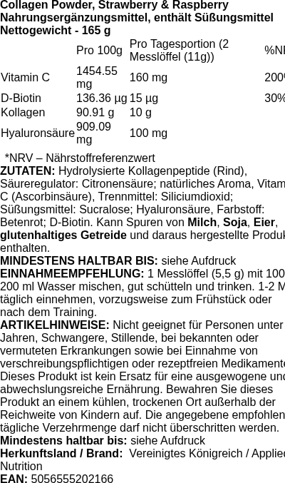 Produktetikett — Collagen Powder, Strawberry & Raspberry - 165g (PB 116937)