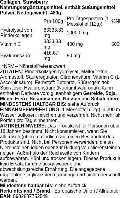 Produktetikett — Collagen, Strawberry - 480g (PB 120995)