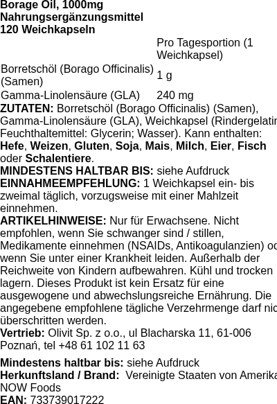 Produktetikett — Borage Oil, 1000mg - 120 softgels (PB 8292)