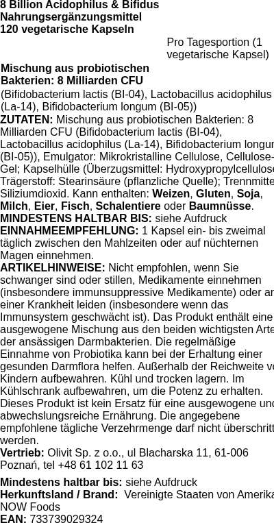Produktetikett — 8 Billion Acidophilus & Bifidus - 120 vcaps (PB 63627)