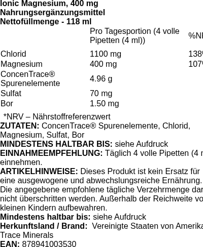 Produktetikett — Ionic Magnesium, 400mg - 118 ml. (PB 102007)