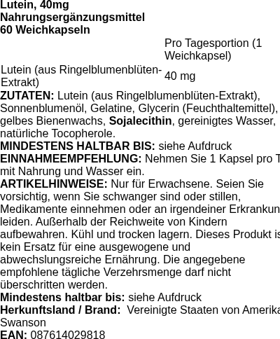 Produktetikett — Lutein, 40mg - 60 softgels (PB 108012)