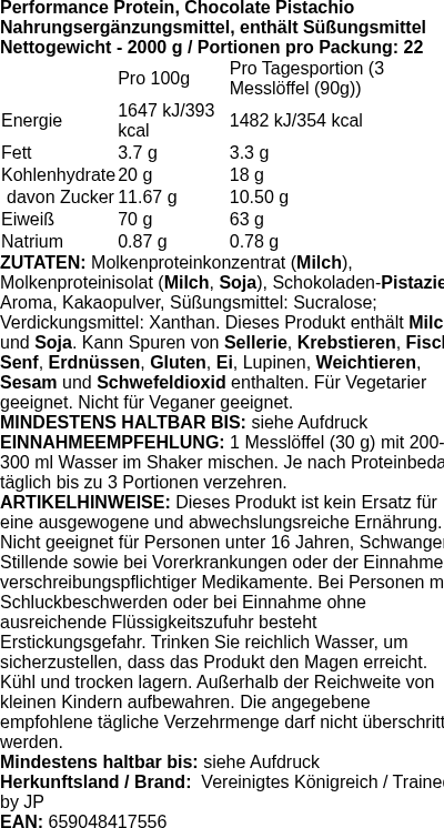 Produktetikett — Performance Protein, Chocolate Pistachio - 2000g (PB 123096)
