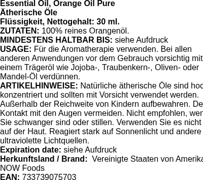 Produktetikett — Essential Oil, Orange Oil Pure - 30 ml. (PB 8324)