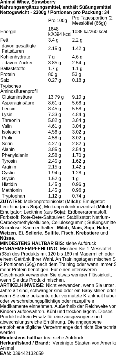 Produktetikett — Animal Whey, Strawberry - 2300g (PB 61859)