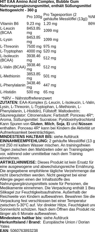 Produktetikett — HIT EAA Amino Acid Complex, Bubble Gum - 360g (PB 110569)