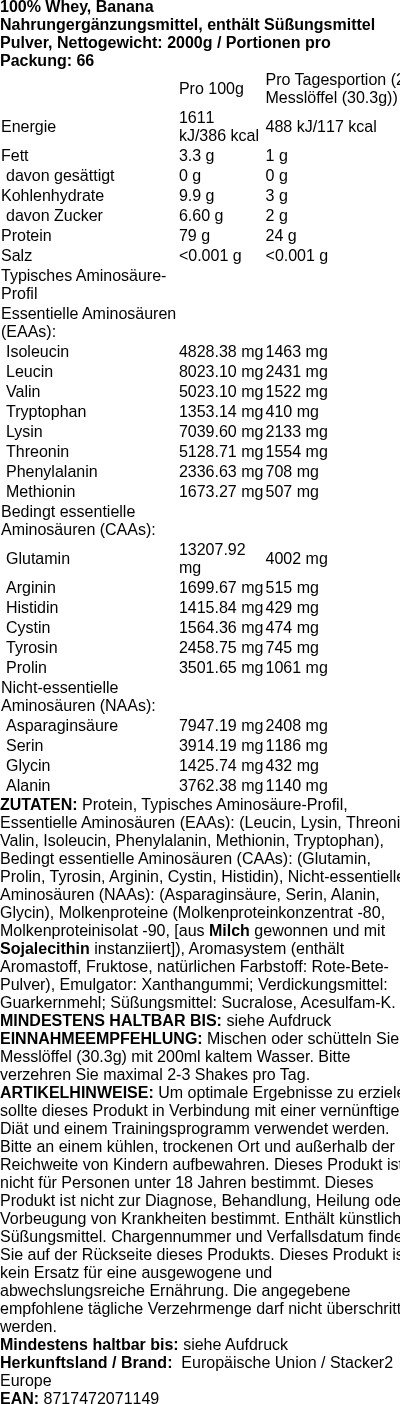 Produktetikett — 100% Whey, Banana - 2000g (PB 109944)