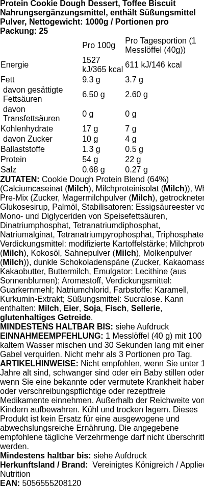 Produktetikett — Protein Cookie Dough Dessert, Toffee Biscuit - 1000g (PB 122656)