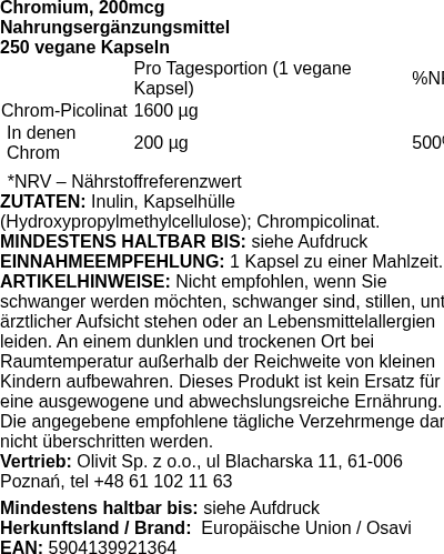 Produktetikett — Chromium, 200mcg - 250 vegan caps (PB 107589)