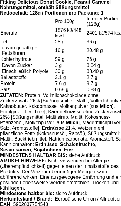 Produktetikett — Fitking Delicious Donut Cookie, Peanut Caramel - 128g (PB 124897)
