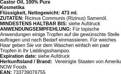 Produktetikett — Castor Oil, 100% Pure - 473 ml. (PB 56383)