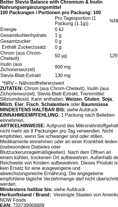 Produktetikett — Better Stevia Balance with Chromium & Inulin - 100 packets (PB 7570)
