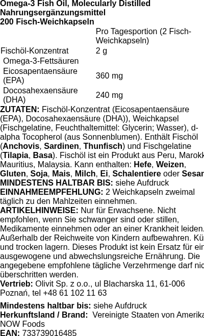 Produktetikett — Omega-3 Fish Oil, Molecularly Distilled - 200 fish softgels (PB 99447)