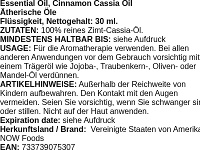 Produktetikett — Essential Oil, Cinnamon Cassia Oil - 30 ml. (PB 8319)