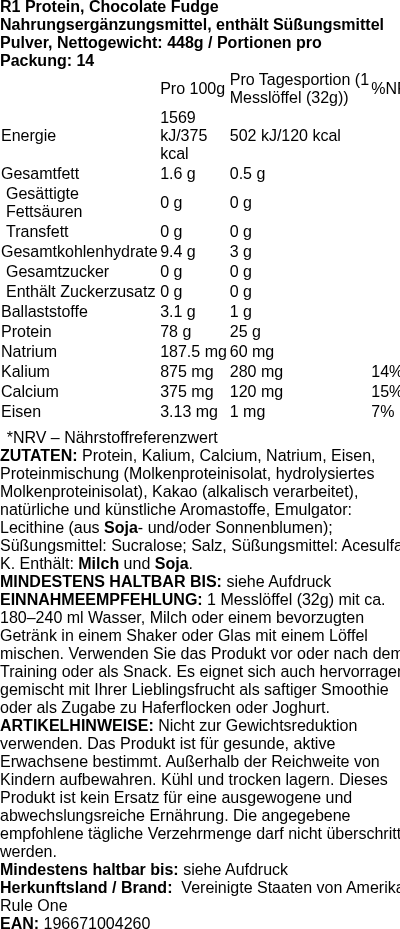 Produktetikett — R1 Protein, Chocolate Fudge - 448g (PB 117058)