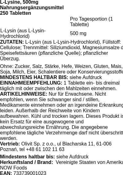 Produktetikett — L-Lysine, 500mg - 250 tablets (PB 72300)