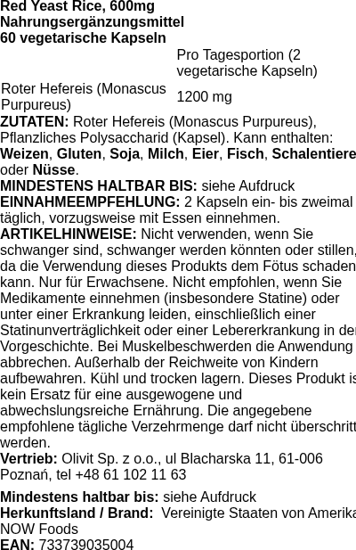 Produktetikett — Red Yeast Rice, 600mg - 60 vcaps (PB 83888)