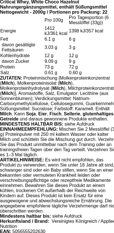 Produktetikett — Critical Whey, White Choco Hazelnut - 2000g (PB 115772)