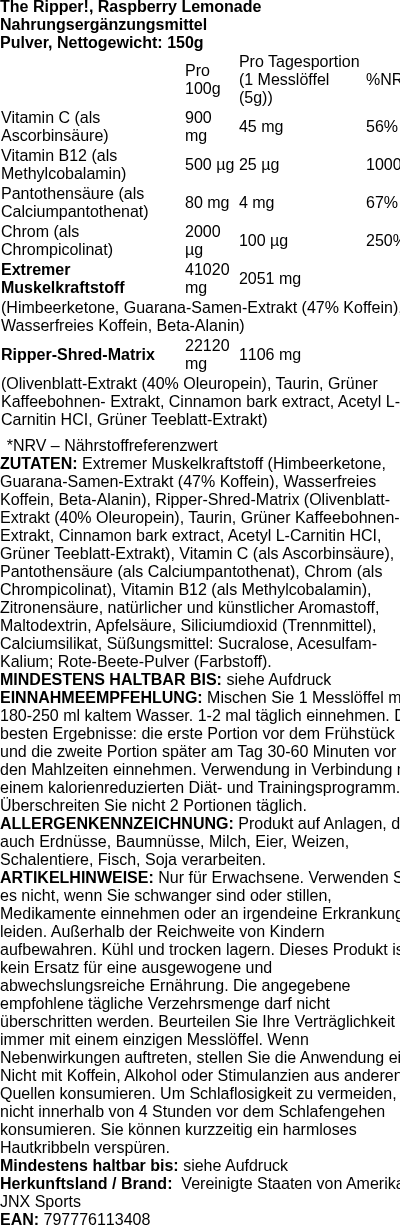 Produktetikett — The Ripper!, Raspberry Lemonade - 150g (PB 97332)