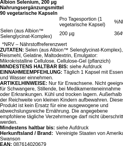 Produktetikett — Albion Selenium, 200mcg - 90 vcaps (PB 84615)
