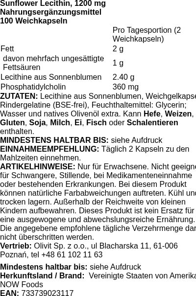 Produktetikett — Sunflower Lecithin, 1200mg - 100 softgels (PB 10459)