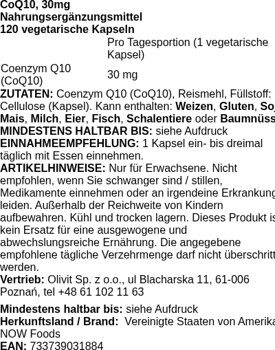Produktetikett — CoQ10, 30mg - 120 vcaps (PB 10468)